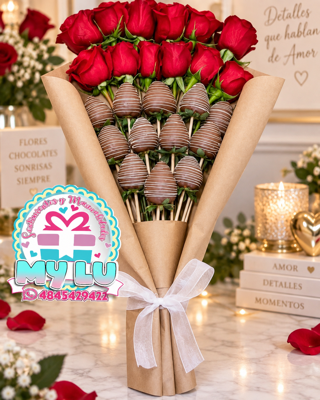 Rosas con fresas cubiertas de chocolate
