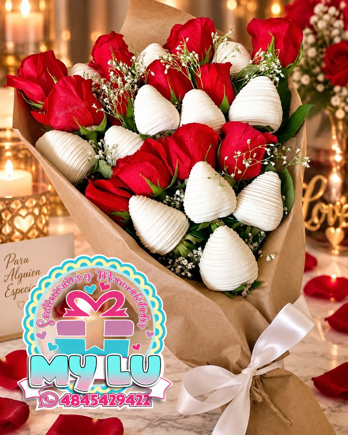 Rosas con fresas cubiertas de chocolate